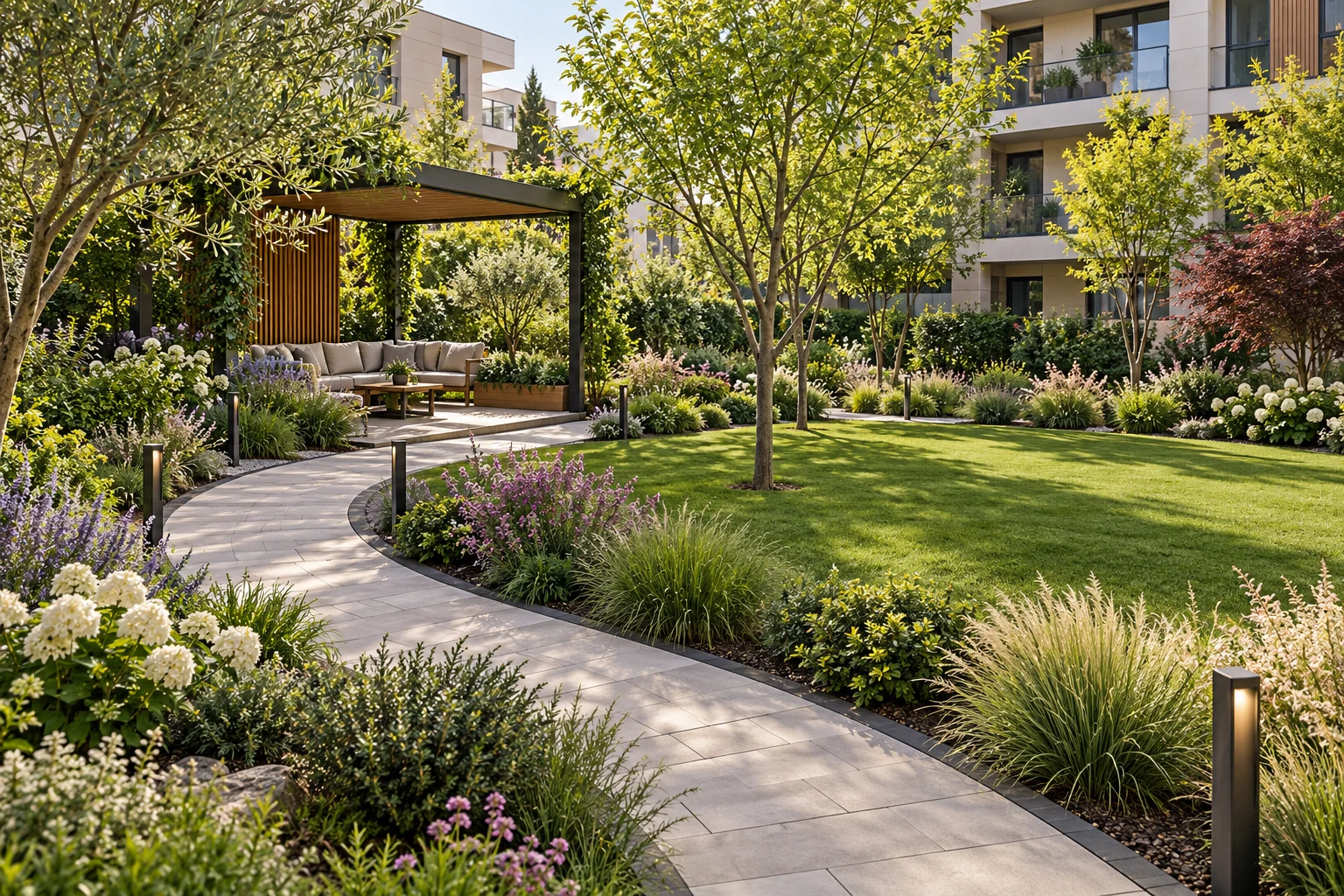 Apartmanlar arasında pergola, yürüyüş yolu ve çiçekli bitki adaları içeren örnek ortak bahçe tasarımı